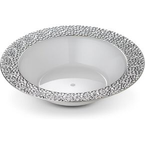 [48 Count - 7 Inch Plates] Laura Stein Designer Tableware Premium Heavyweight Plastic White Appetizer - Salad Plates With Silver Border, Party & Wedding Plate, Glitz Series, Disposable Dishes