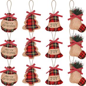 20 Pieces Rustic Christmas Burlap Tree Ornaments Farmhouse Christmas Decorations Red Black Buffalo Plaid Christmas Stocking Tree Ball Shaped Hanging Decoration for Holiday Xmas Party