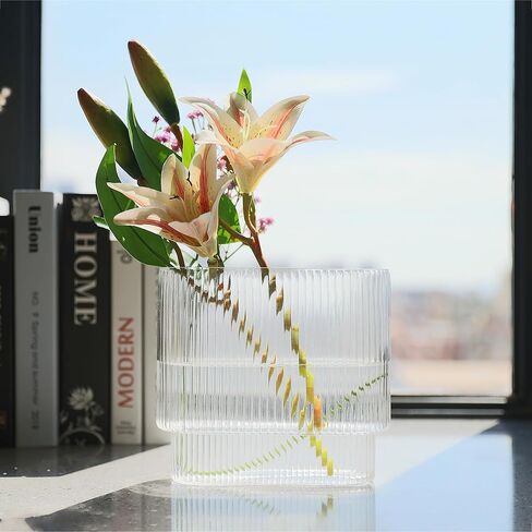 Ribbed Glass Vase, Clear Glass Vase, Short Flower Vase for Centerpieces, Fluted Glass Vase for Living Room, Dining Table, Entryway, Mantle, Shelf, Wedding, Office, 7.1 Inches in Saudi Arabia