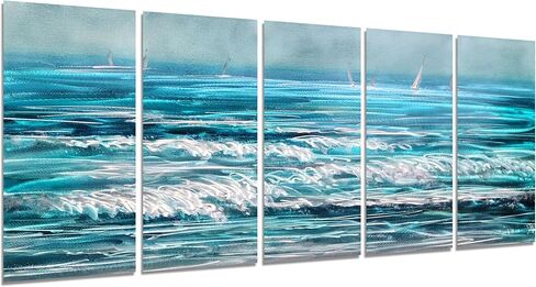 GALLERIEWALLA Coastal Metal Wall Art - 3D Blue Sea Wave Aluminum Artwork for Living Room Decor in Saudi Arabia