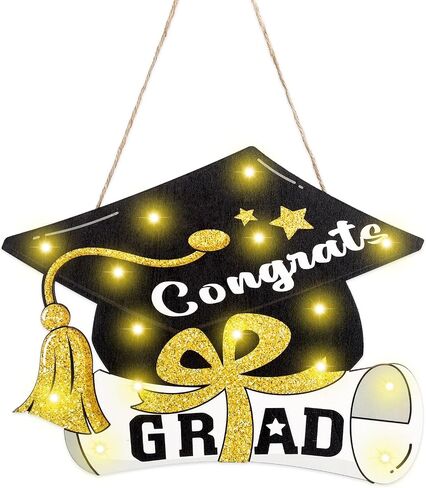 Capoda 2024 Graduation Hanging Sign Decor with LED Light Class of 2024 Hanging Door Sign Graduation Congrats Grad Wooden Hanging Wall Sign for Graduation Party Indoor Outdoor Decorations Supplies in Saudi Arabia