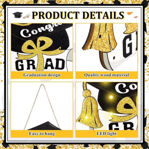 Capoda 2024 Graduation Hanging Sign Decor with LED Light Class of 2024 Hanging Door Sign Graduation Congrats Grad Wooden Hanging Wall Sign for Graduation Party Indoor Outdoor Decorations Supplies in Saudi Arabia