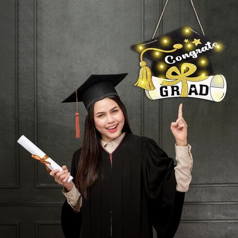 Capoda 2024 Graduation Hanging Sign Decor with LED Light Class of 2024 Hanging Door Sign Graduation Congrats Grad Wooden Hanging Wall Sign for Graduation Party Indoor Outdoor Decorations Supplies in Saudi Arabia