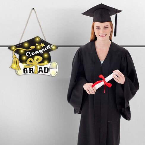 Capoda 2024 Graduation Hanging Sign Decor with LED Light Class of 2024 Hanging Door Sign Graduation Congrats Grad Wooden Hanging Wall Sign for Graduation Party Indoor Outdoor Decorations Supplies in Saudi Arabia