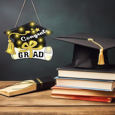 Capoda 2024 Graduation Hanging Sign Decor with LED Light Class of 2024 Hanging Door Sign Graduation Congrats Grad Wooden Hanging Wall Sign for Graduation Party Indoor Outdoor Decorations Supplies in Saudi Arabia
