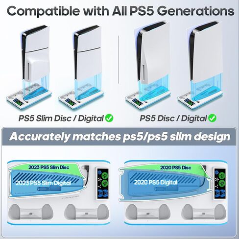 محطة تبريد PS5 Slim / PS5 مع مروحة تبريد ثلاثية المستويات، حامل PS5 /PS5 نحيف مع شاحن وحدة تحكم لجميع وحدات تحكم Playstation 5، ملحقات PS5/ PS5 Slim، مبرد PS5 مع محطة شحن RGB in Kuwait