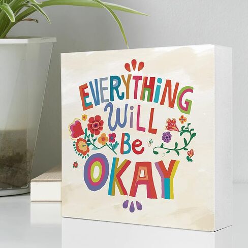 It's OK to Mental Health Wooden Sign Desk Decor,Hand Drawn Colorful Flowers Inspirational Wood Block Sign Desk Decorations for Home School Counseling Office Therapy Office Desk Shelf Table Decor in Kuwait