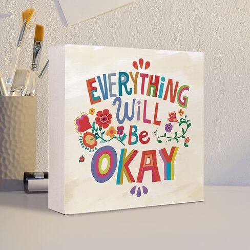It's OK to Mental Health Wooden Sign Desk Decor,Hand Drawn Colorful Flowers Inspirational Wood Block Sign Desk Decorations for Home School Counseling Office Therapy Office Desk Shelf Table Decor in Kuwait