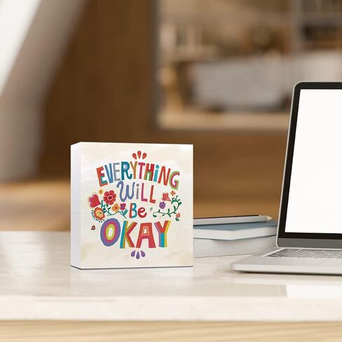 It's OK to Mental Health Wooden Sign Desk Decor,Hand Drawn Colorful Flowers Inspirational Wood Block Sign Desk Decorations for Home School Counseling Office Therapy Office Desk Shelf Table Decor in Kuwait
