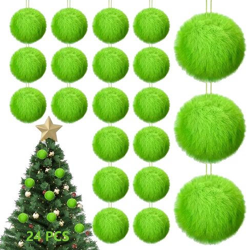 24 Pcs Lime Green Furry Christmas Ball Ornaments for Tree Green Christmas Hanging Decorations Soft Faux Fur Pom Pom Ball Ornaments for Christmas Party Tree Home Supplies in Kuwait