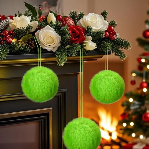 24 Pcs Lime Green Furry Christmas Ball Ornaments for Tree Green Christmas Hanging Decorations Soft Faux Fur Pom Pom Ball Ornaments for Christmas Party Tree Home Supplies in Kuwait