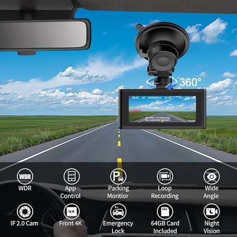كاميرا داش كام أمامية وخلفية، كاميرا داش كام مزدوجة 4K+1080P للسيارات مع بطاقة 64 جيجابايت، كاميرا لوحة القيادة مع التحكم في التطبيق، واي فاي مدمج ونظام تحديد المواقع العالمي، زاوية واسعة 170 درجة، مستشعر G، تسجيل حلقة، وضع ركن السيارة على مدار 24 ساعة in Kuwait