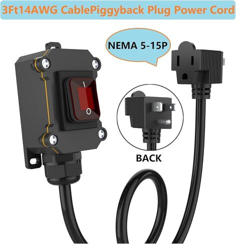 تبديل سلك الطاقة 14AWG كابل Piggyback Plug NEMA5-15P، سلك تمديد مقاوم للماء مع منفذ تشغيل/إيقاف، مفتاح سلك مضمن AC/DC مع زر الروك LED الأحمر in Kuwait
