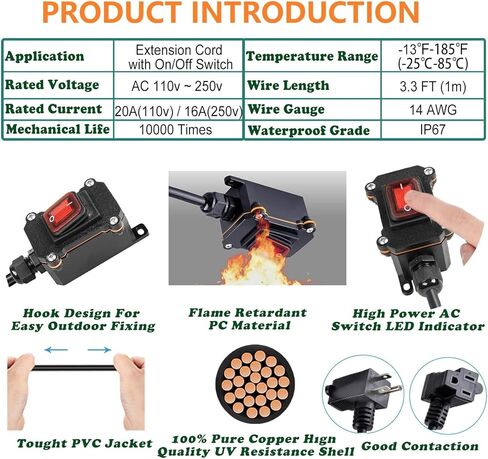تبديل سلك الطاقة 14AWG كابل Piggyback Plug NEMA5-15P، سلك تمديد مقاوم للماء مع منفذ تشغيل/إيقاف، مفتاح سلك مضمن AC/DC مع زر الروك LED الأحمر in Kuwait