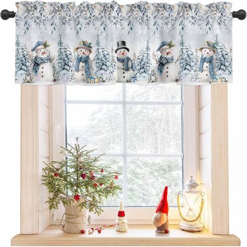 Christmas Valance Curtain for Windows Snowman Kitchen Valances,Rod Pocket Blue Eucalyptus Leaves Window Treatment Short Xmas Tree Floral Curtains for Bathroom Kitchen Basement 54x18in in Saudi Arabia
