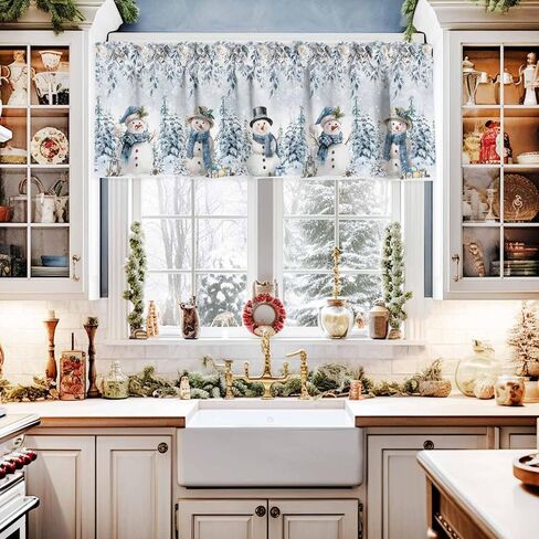 Christmas Valance Curtain for Windows Snowman Kitchen Valances,Rod Pocket Blue Eucalyptus Leaves Window Treatment Short Xmas Tree Floral Curtains for Bathroom Kitchen Basement 54x18in in Saudi Arabia
