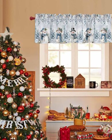 Christmas Valance Curtain for Windows Snowman Kitchen Valances,Rod Pocket Blue Eucalyptus Leaves Window Treatment Short Xmas Tree Floral Curtains for Bathroom Kitchen Basement 54x18in in Saudi Arabia