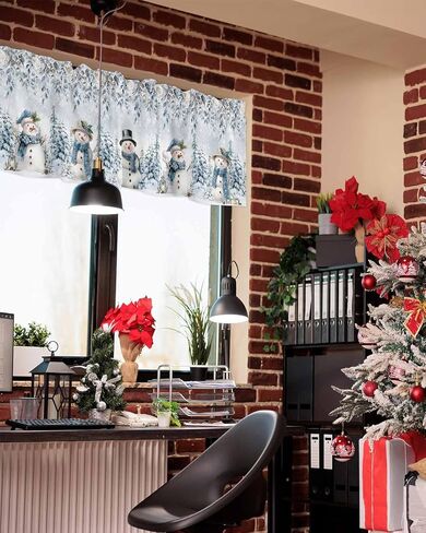 Christmas Valance Curtain for Windows Snowman Kitchen Valances,Rod Pocket Blue Eucalyptus Leaves Window Treatment Short Xmas Tree Floral Curtains for Bathroom Kitchen Basement 54x18in in Saudi Arabia