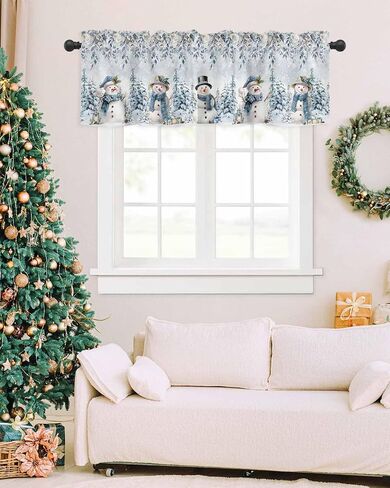 Christmas Valance Curtain for Windows Snowman Kitchen Valances,Rod Pocket Blue Eucalyptus Leaves Window Treatment Short Xmas Tree Floral Curtains for Bathroom Kitchen Basement 54x18in in Saudi Arabia