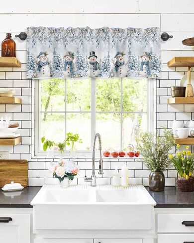 Christmas Valance Curtain for Windows Snowman Kitchen Valances,Rod Pocket Blue Eucalyptus Leaves Window Treatment Short Xmas Tree Floral Curtains for Bathroom Kitchen Basement 54x18in in Saudi Arabia