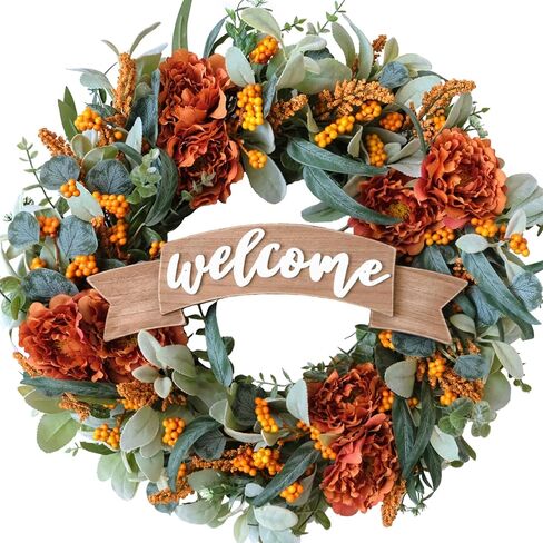 22 Inch Fall Front Door Wreath with Eucalyptus Lamb Ears Leaves and Berries, Autumn Fall Leaves Wreath with White Berries for Indoor and Outdoor, Festival Wreath for Home Decor in Saudi Arabia