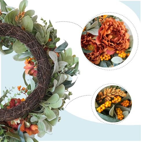 22 Inch Fall Front Door Wreath with Eucalyptus Lamb Ears Leaves and Berries, Autumn Fall Leaves Wreath with White Berries for Indoor and Outdoor, Festival Wreath for Home Decor in Saudi Arabia