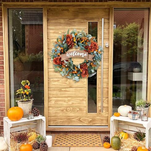 22 Inch Fall Front Door Wreath with Eucalyptus Lamb Ears Leaves and Berries, Autumn Fall Leaves Wreath with White Berries for Indoor and Outdoor, Festival Wreath for Home Decor in Saudi Arabia