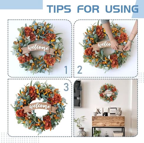 22 Inch Fall Front Door Wreath with Eucalyptus Lamb Ears Leaves and Berries, Autumn Fall Leaves Wreath with White Berries for Indoor and Outdoor, Festival Wreath for Home Decor in Saudi Arabia