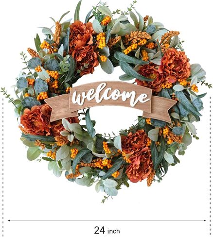 22 Inch Fall Front Door Wreath with Eucalyptus Lamb Ears Leaves and Berries, Autumn Fall Leaves Wreath with White Berries for Indoor and Outdoor, Festival Wreath for Home Decor in Saudi Arabia