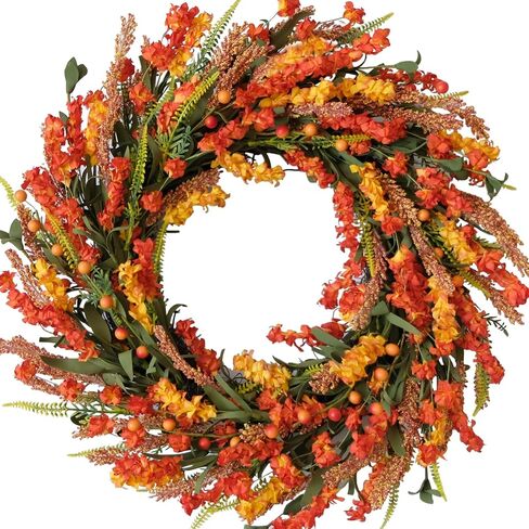 22 Inch Fall Front Door Wreath with Eucalyptus Lamb Ears Leaves and Berries, Autumn Fall Leaves Wreath with White Berries for Indoor and Outdoor, Festival Wreath for Home Decor in Saudi Arabia