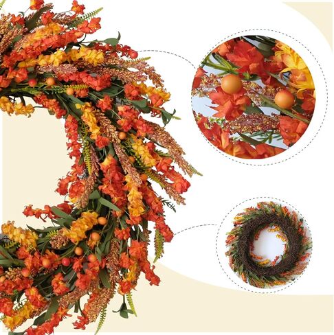 22 Inch Fall Front Door Wreath with Eucalyptus Lamb Ears Leaves and Berries, Autumn Fall Leaves Wreath with White Berries for Indoor and Outdoor, Festival Wreath for Home Decor in Saudi Arabia