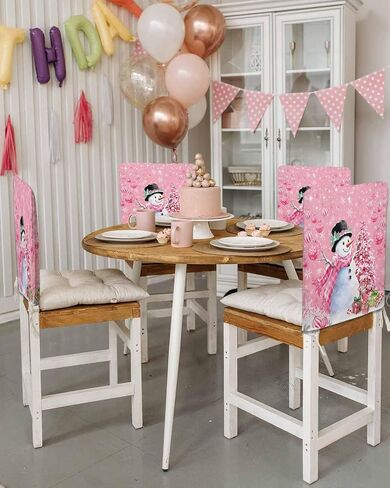 DecorLovee الوردي كرسي عيد الميلاد الغطاء الخلفي، ثلج رجل الطعام كرسي يغطي حامي، كرات شجرة عيد الميلاد ندفة الثلج كرسي يغطي أغطية كرسي قابلة للإزالة لإزالة الأعشاب الضارة مأدبة عيد الميلاد حزب 19 "× 20"، 4 حزمة in Kuwait