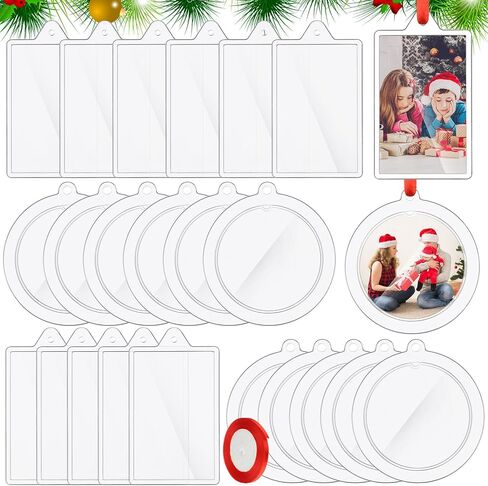 24 Pcs DIY Christmas Frame Ornaments with Red Ribbon, Acrylic Round Photo Frame Bulk, Hanging Photo Christmas Ornaments, Plastic Small Frame Ornament for Christmas Tree Decoration in Kuwait