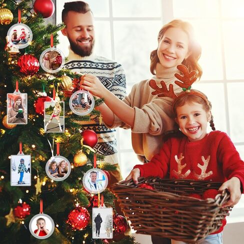 24 Pcs DIY Christmas Frame Ornaments with Red Ribbon, Acrylic Round Photo Frame Bulk, Hanging Photo Christmas Ornaments, Plastic Small Frame Ornament for Christmas Tree Decoration in Kuwait