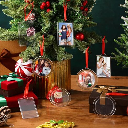 24 Pcs DIY Christmas Frame Ornaments with Red Ribbon, Acrylic Round Photo Frame Bulk, Hanging Photo Christmas Ornaments, Plastic Small Frame Ornament for Christmas Tree Decoration in Kuwait