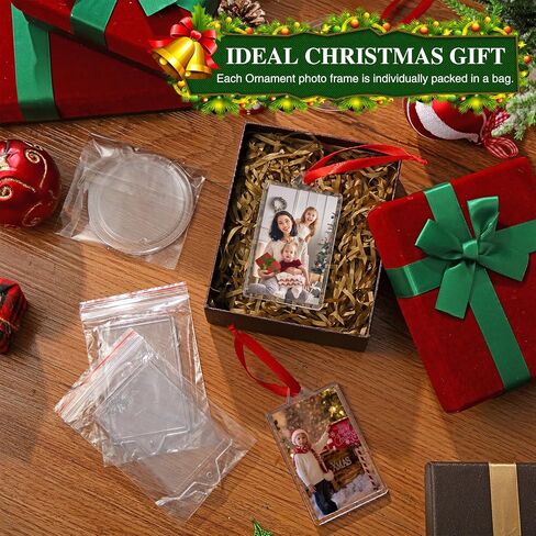 24 Pcs DIY Christmas Frame Ornaments with Red Ribbon, Acrylic Round Photo Frame Bulk, Hanging Photo Christmas Ornaments, Plastic Small Frame Ornament for Christmas Tree Decoration in Kuwait
