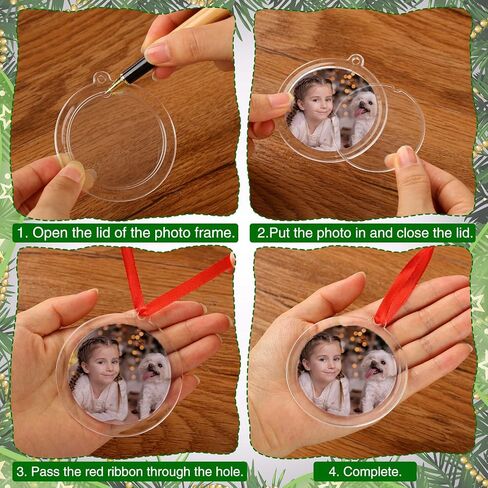 24 Pcs DIY Christmas Frame Ornaments with Red Ribbon, Acrylic Round Photo Frame Bulk, Hanging Photo Christmas Ornaments, Plastic Small Frame Ornament for Christmas Tree Decoration in Kuwait