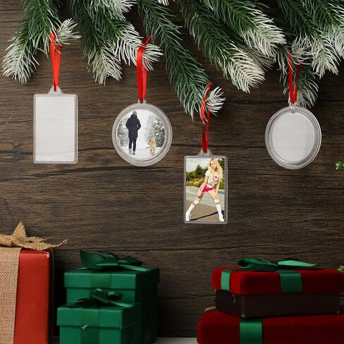 24 Pcs DIY Christmas Frame Ornaments with Red Ribbon, Acrylic Round Photo Frame Bulk, Hanging Photo Christmas Ornaments, Plastic Small Frame Ornament for Christmas Tree Decoration in Kuwait
