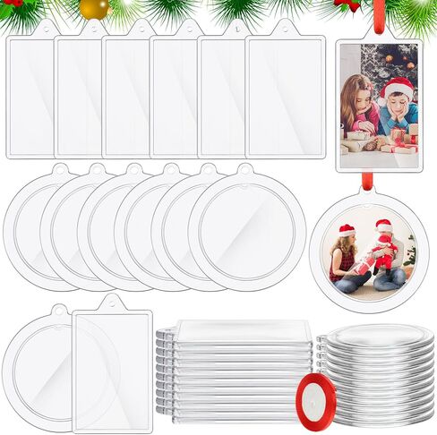 24 Pcs DIY Christmas Frame Ornaments with Red Ribbon, Acrylic Round Photo Frame Bulk, Hanging Photo Christmas Ornaments, Plastic Small Frame Ornament for Christmas Tree Decoration in Kuwait