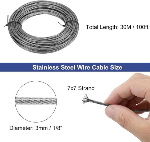 uxcell 1/8"(3mm) 304 Stainless Steel Cable Wire Rope 7 x 7 Strands Core 100ft (30m) PVC Coated Aircraft Wire for Construction Outdoors Marine Rigging Decking Railings in Saudi Arabia