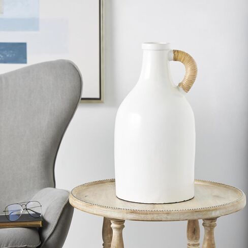 Deco 79 Ceramic Decorative Vase Jug Inspired Centerpiece Vase with Rattan Wrapped Handle, Flower Vase for Home Decoration 10" x 10" x 18", White in Saudi Arabia