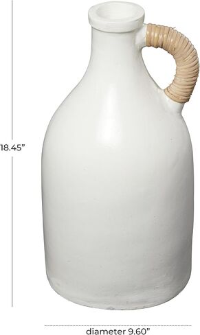 Deco 79 Ceramic Decorative Vase Jug Inspired Centerpiece Vase with Rattan Wrapped Handle, Flower Vase for Home Decoration 10" x 10" x 18", White in Saudi Arabia