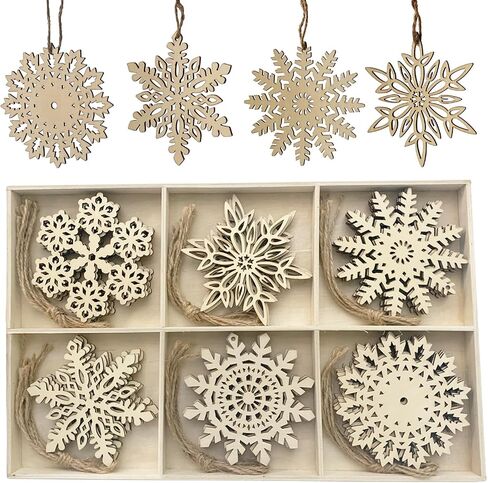 12 Pcs Wooden Snowflakes Ornaments 3 inch Christmas Wood Snowflake Hanging Decorations with Twine, Unfinished Rustic Farmhouse Bulk Cutouts for DIY Painting Xmas Tree Crafts Decor in Saudi Arabia