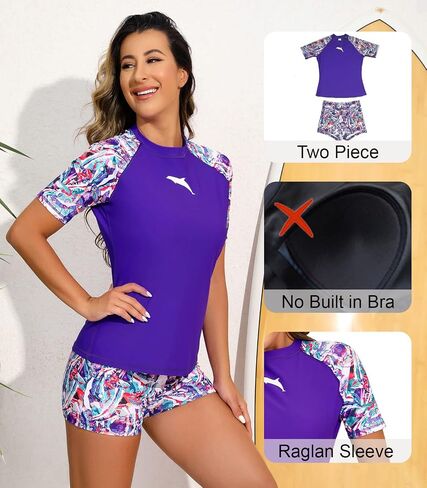 Halcurt Women Short Sleeve Two Piece Rash Guard Set UPF 50 Swim Shirt with Board Shorts in Kuwait