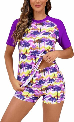 Halcurt Women Short Sleeve Two Piece Rash Guard Set UPF 50 Swim Shirt with Board Shorts in Kuwait