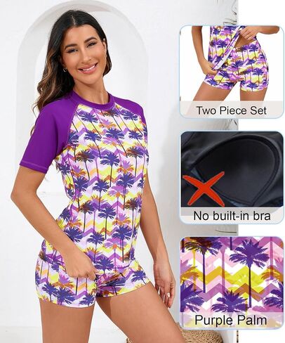 Halcurt Women Short Sleeve Two Piece Rash Guard Set UPF 50 Swim Shirt with Board Shorts in Kuwait