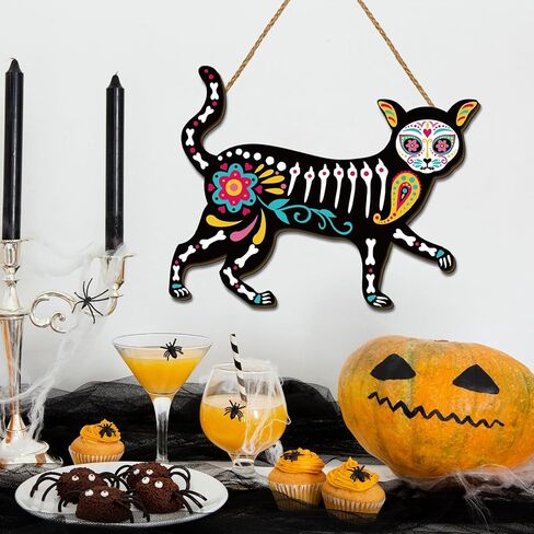 ديكورات يوم الموتى Dia De Los Muertos لافتة باب خشبية، جمجمة السكر المكسيكي، زهور القطيفة، ديكورات يوم الموتى لحفلات المنزل in Kuwait