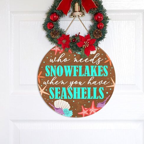 ZODGMED Christmas Wall Hanging Sign, Beach Christmas Decor for Home Living Room Holiday Hanging Sign Xmas Coastal Wall Decorations, Who Needs Snowflakes When You Have Seashells in Kuwait