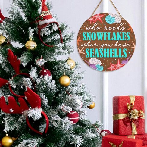 ZODGMED Christmas Wall Hanging Sign, Beach Christmas Decor for Home Living Room Holiday Hanging Sign Xmas Coastal Wall Decorations, Who Needs Snowflakes When You Have Seashells in Kuwait