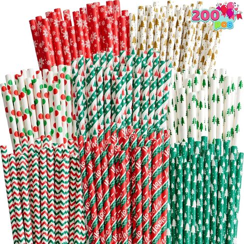 200 قطعة من شفاطات الشرب الورقية الملونة للاستعمال مرة واحدة من JOYIN لمستلزمات حفلات عيد الميلاد والحلويات وديكورات حفلات العطلات in Saudi Arabia